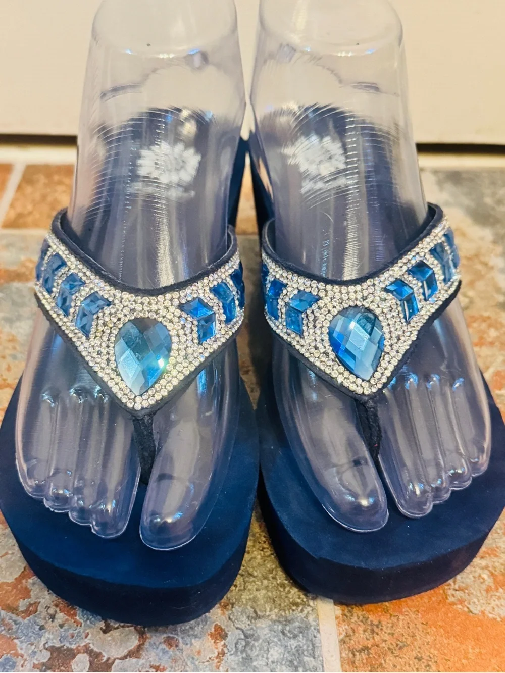 NWOB! Yellow Box Embellished Blue Gem and Rhinestone Platform Thong Sandals! - Picture 4 of 15